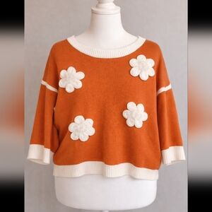 🌼 Burnt Orange Floral Appliqué Sweater | Cream Trim | Cozy Statement Knit | XXL